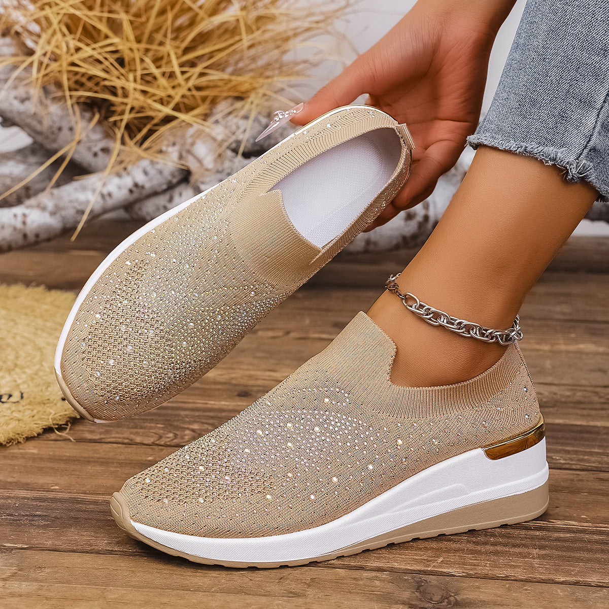Wedge Heel Round Toe Rhinestone Slip-on Shoes