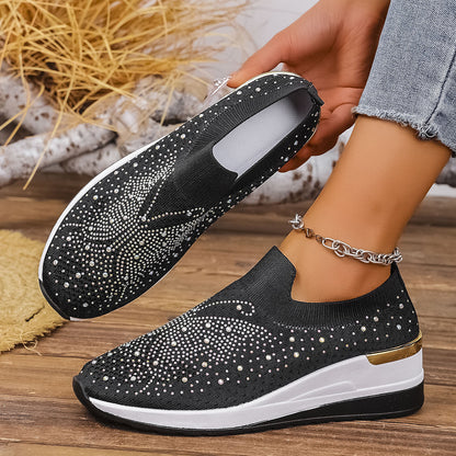 Wedge Heel Round Toe Rhinestone Slip-on Shoes