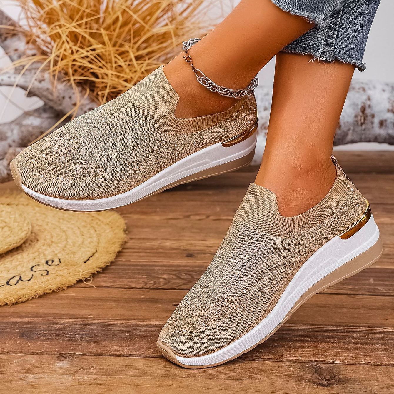 Wedge Heel Round Toe Rhinestone Slip-on Shoes