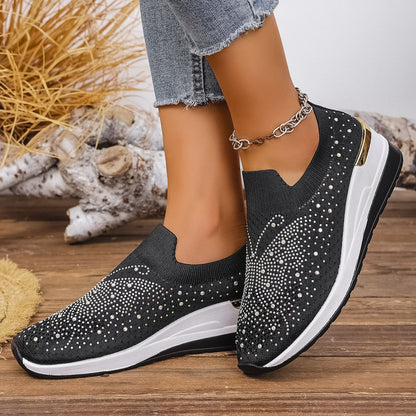 Wedge Heel Round Toe Rhinestone Slip-on Shoes