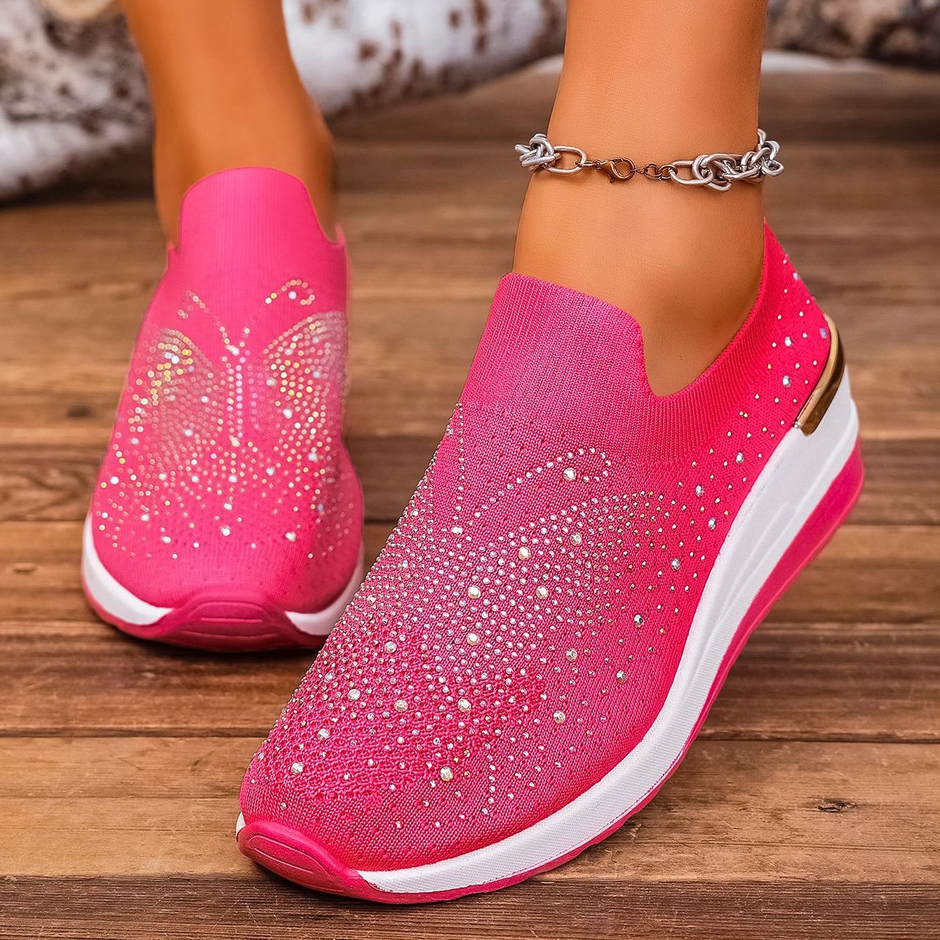 Wedge Heel Round Toe Rhinestone Slip-on Shoes