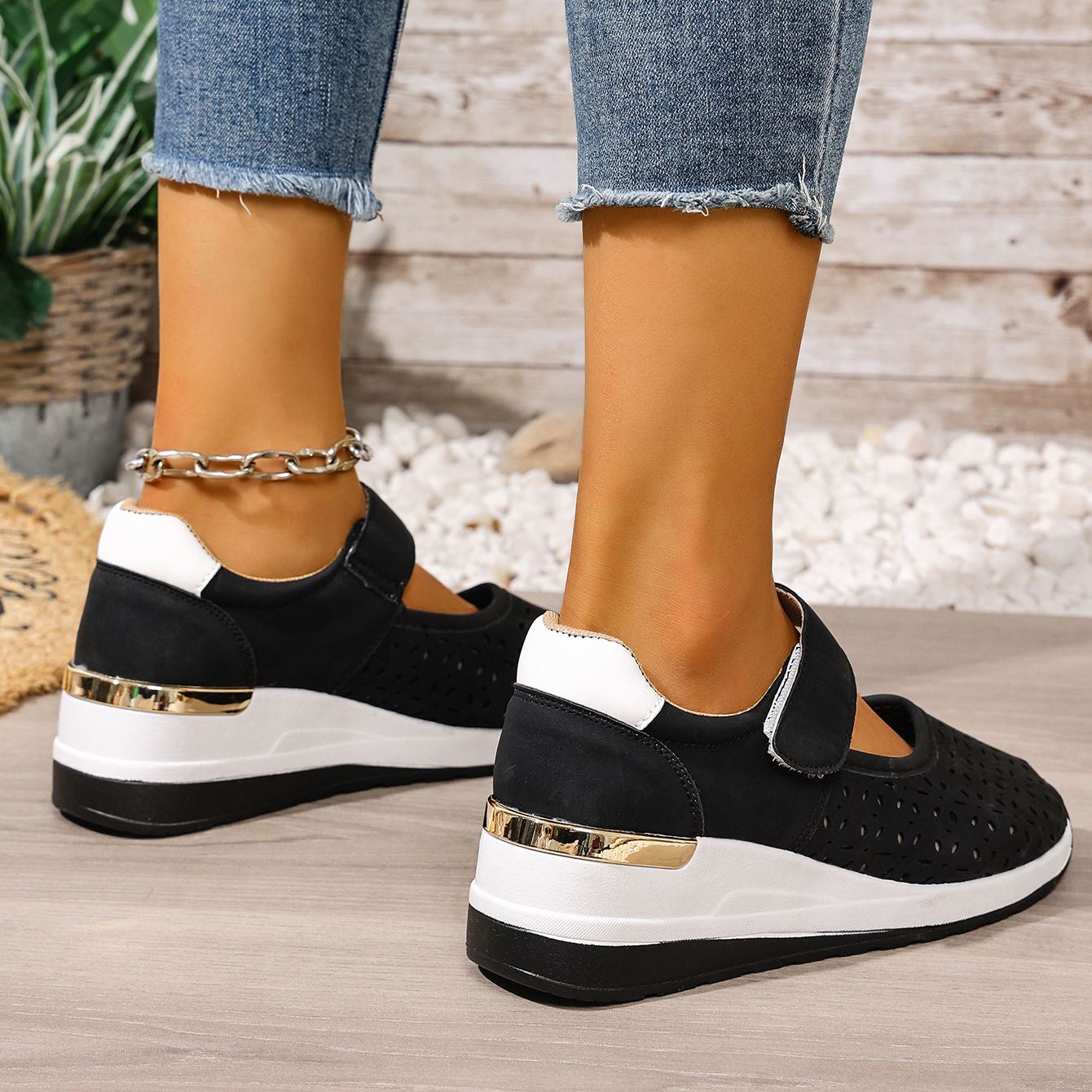 Lightweight Hollow Breathable Velcro Wedge Heel Sports Shoes