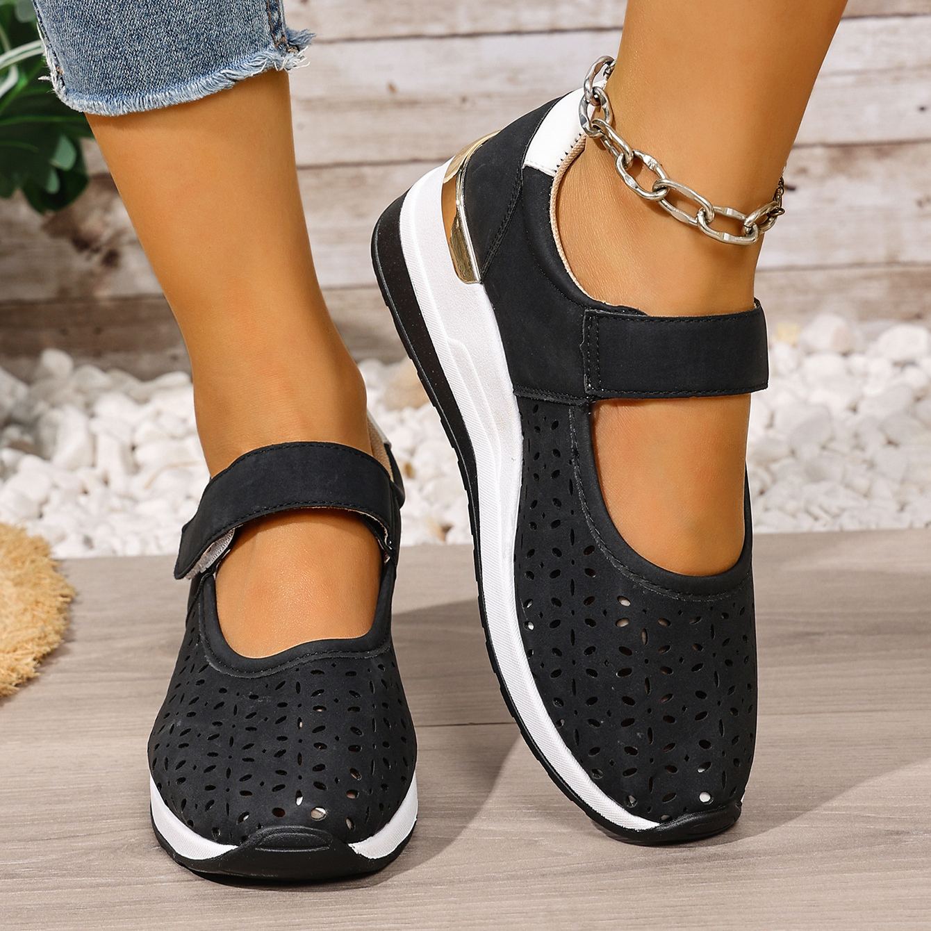 Lightweight Hollow Breathable Velcro Wedge Heel Sports Shoes