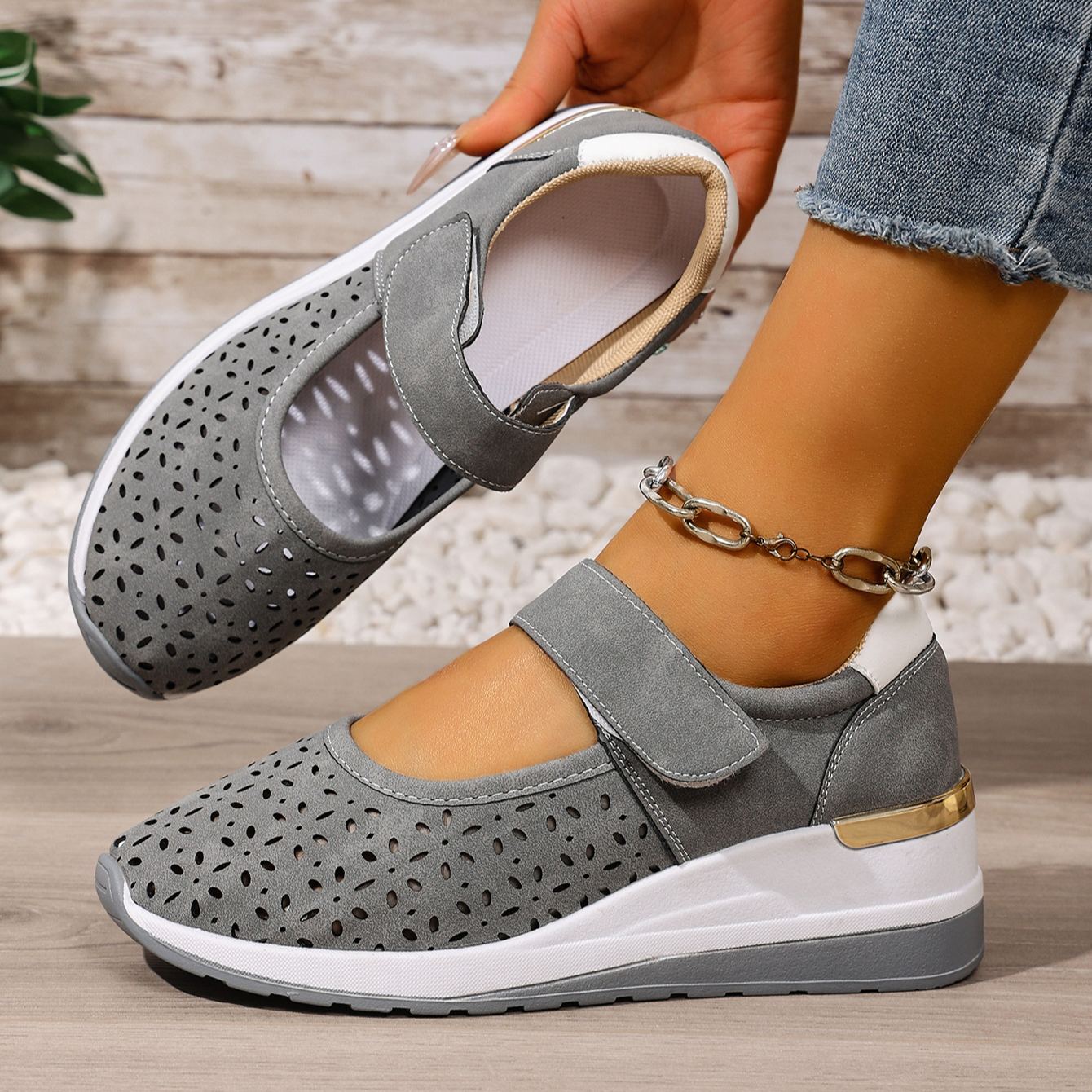 Lightweight Hollow Breathable Velcro Wedge Heel Sports Shoes