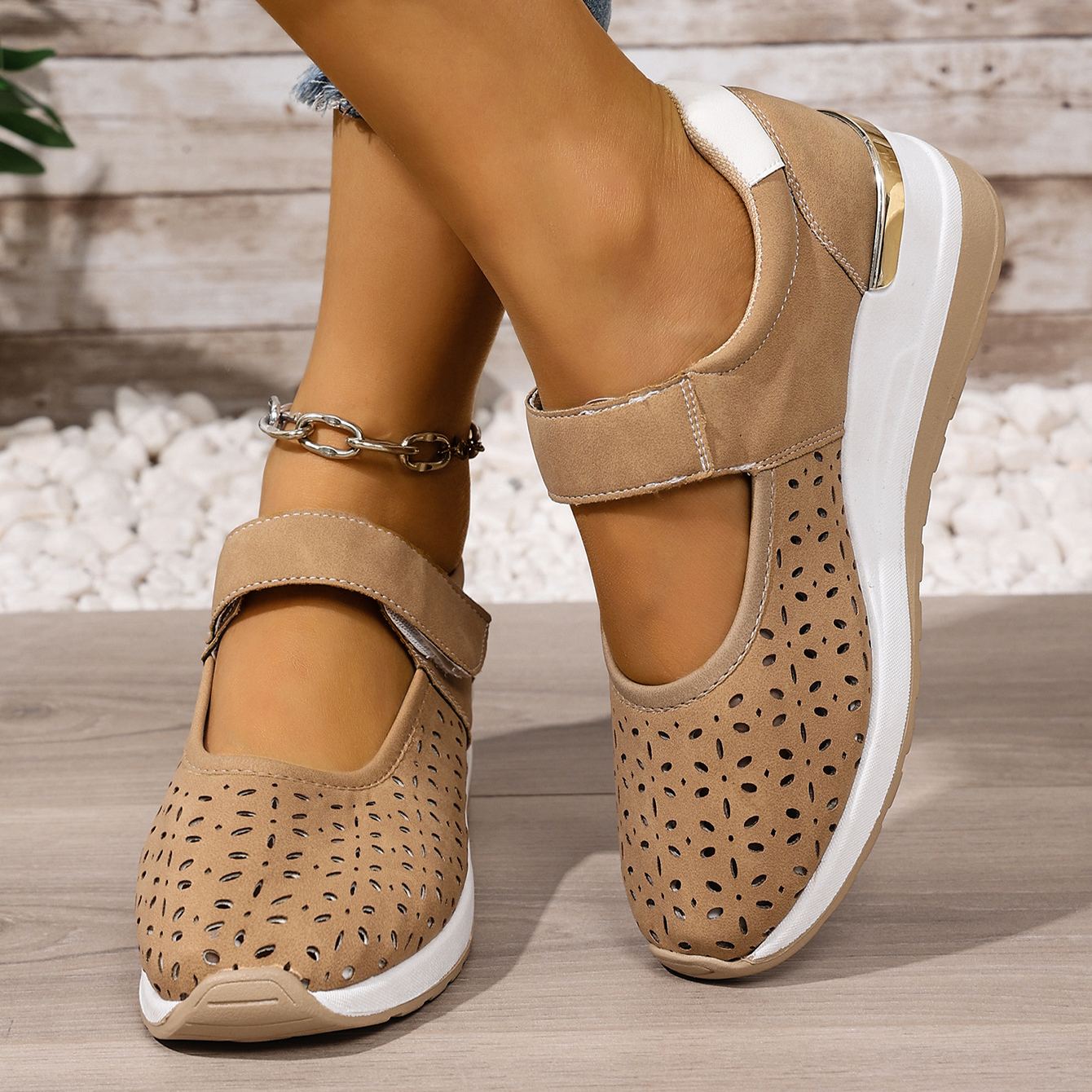 Lightweight Hollow Breathable Velcro Wedge Heel Sports Shoes