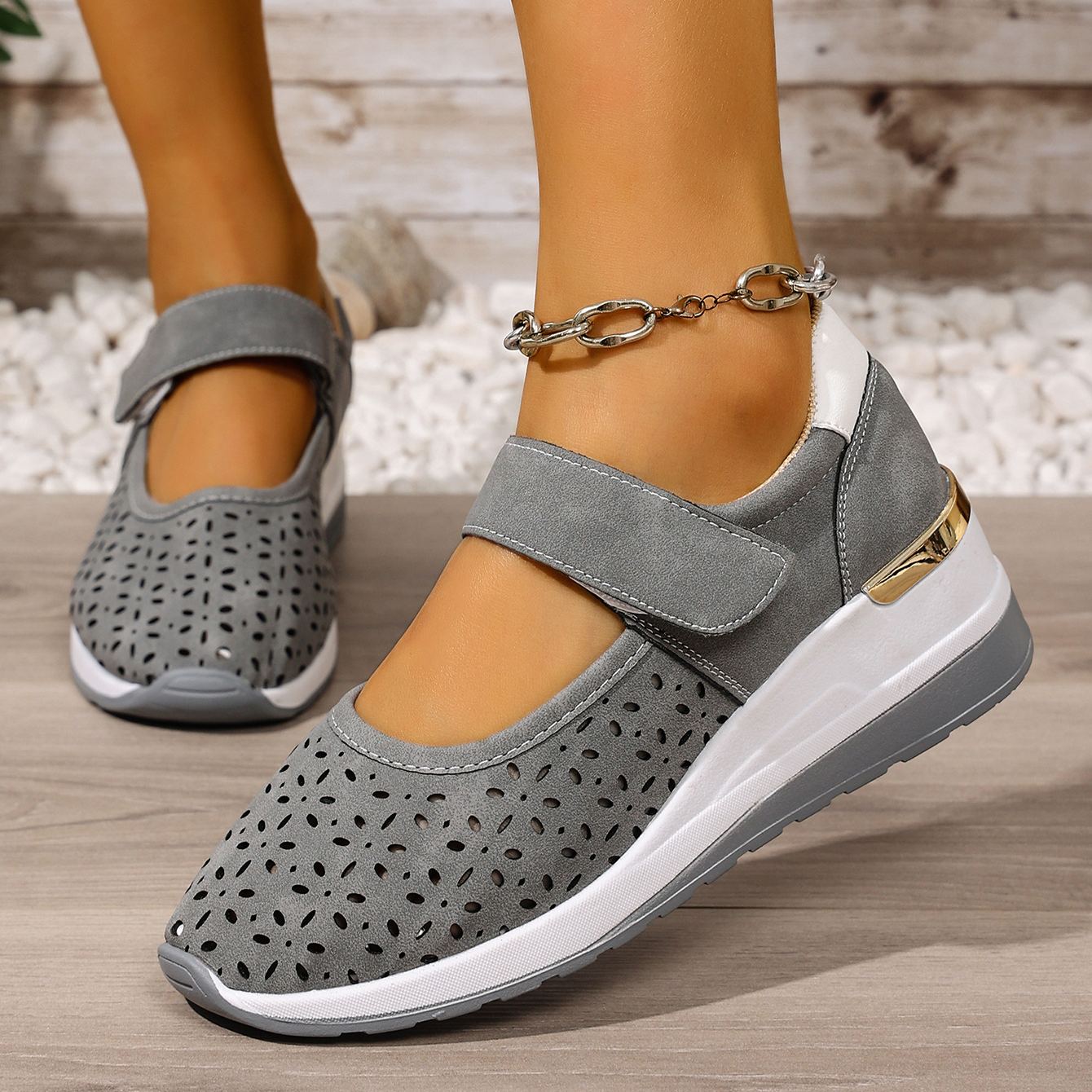 Lightweight Hollow Breathable Velcro Wedge Heel Sports Shoes