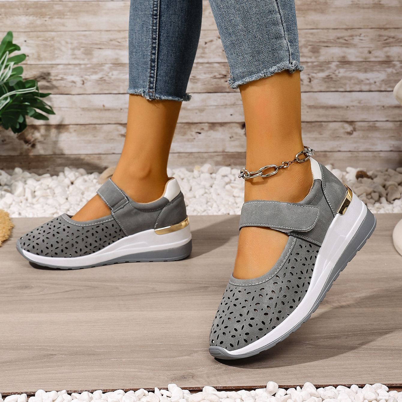 Lightweight Hollow Breathable Velcro Wedge Heel Sports Shoes