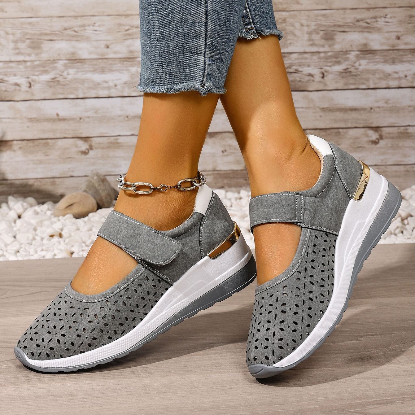 Lightweight Hollow Breathable Velcro Wedge Heel Sports Shoes