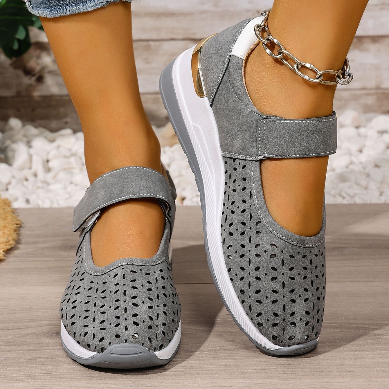 Lightweight Hollow Breathable Velcro Wedge Heel Sports Shoes