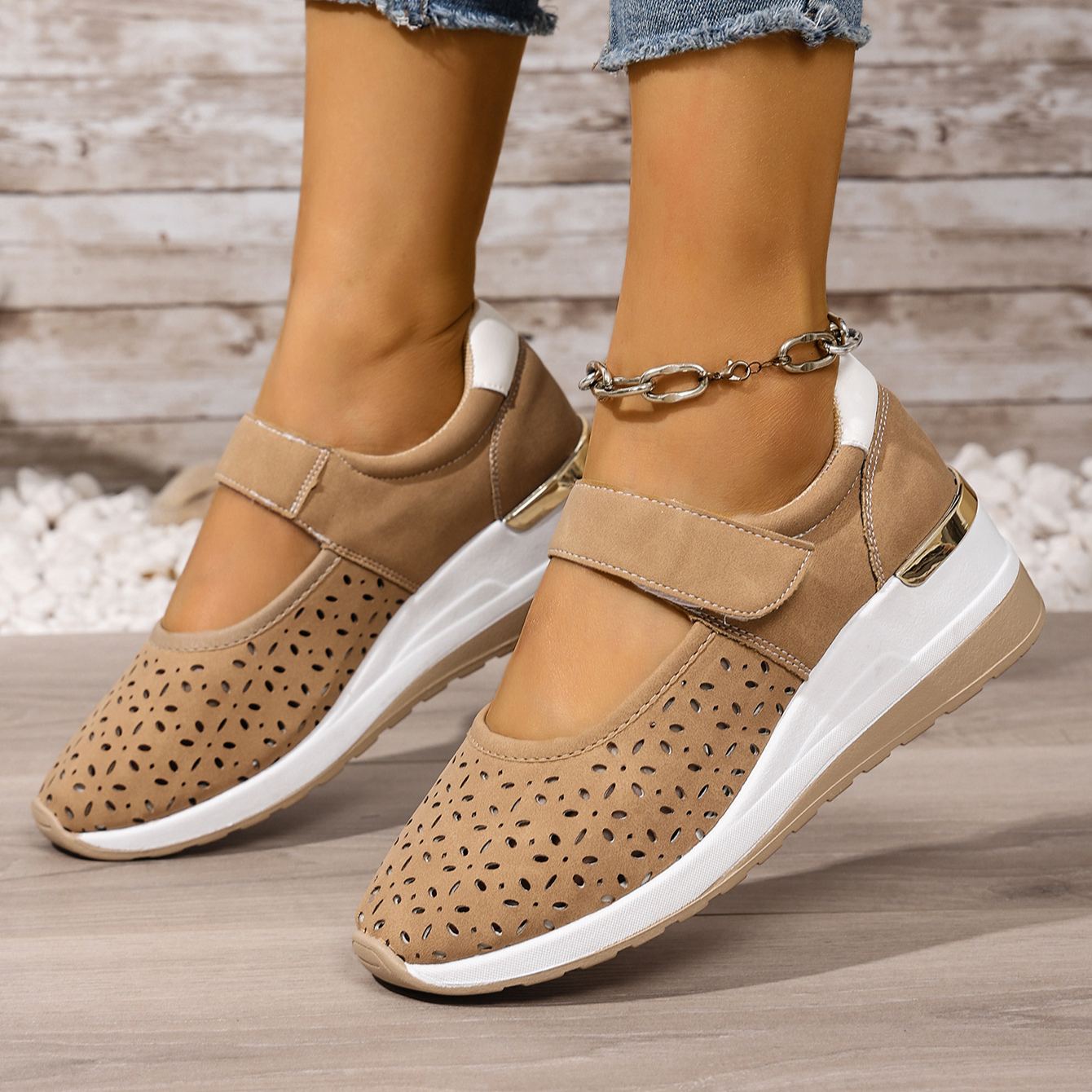 Lightweight Hollow Breathable Velcro Wedge Heel Sports Shoes