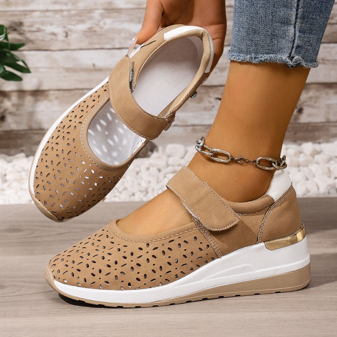 Lightweight Hollow Breathable Velcro Wedge Heel Sports Shoes